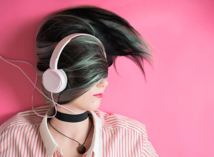 woman, headphones, pink, background,